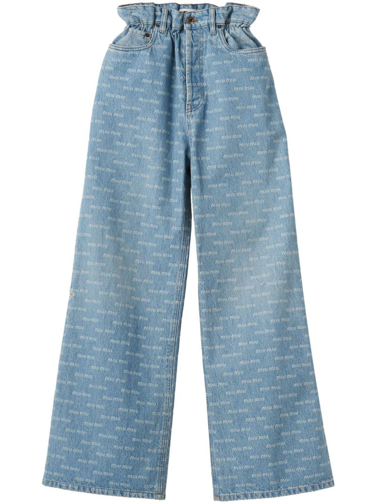 Blue Logo-print Wide-leg Jeans