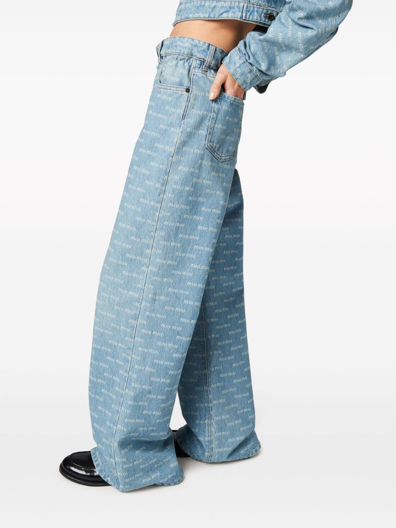 Blue Logo-print Wide-leg Jeans