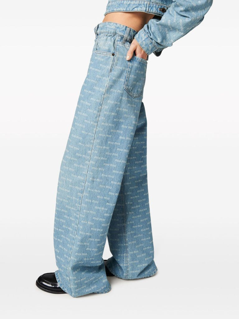 Blue Logo-print Wide-leg Jeans