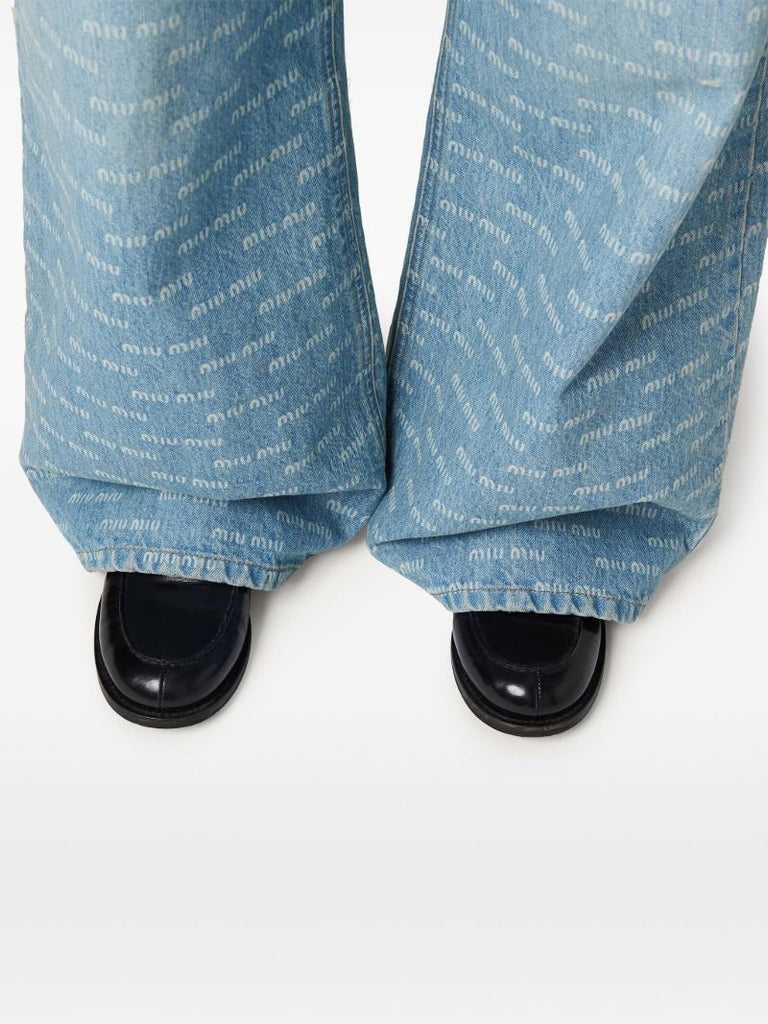 Blue Logo-print Wide-leg Jeans