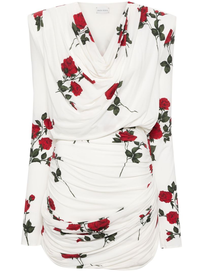White Rose-print Ruched Mini Dress