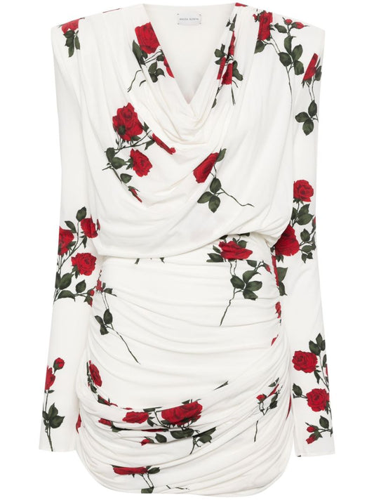 White Rose-print Ruched Mini Dress