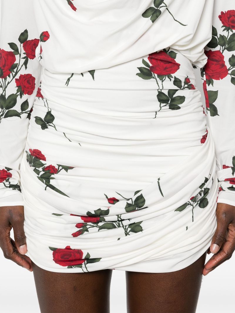 White Rose-print Ruched Mini Dress