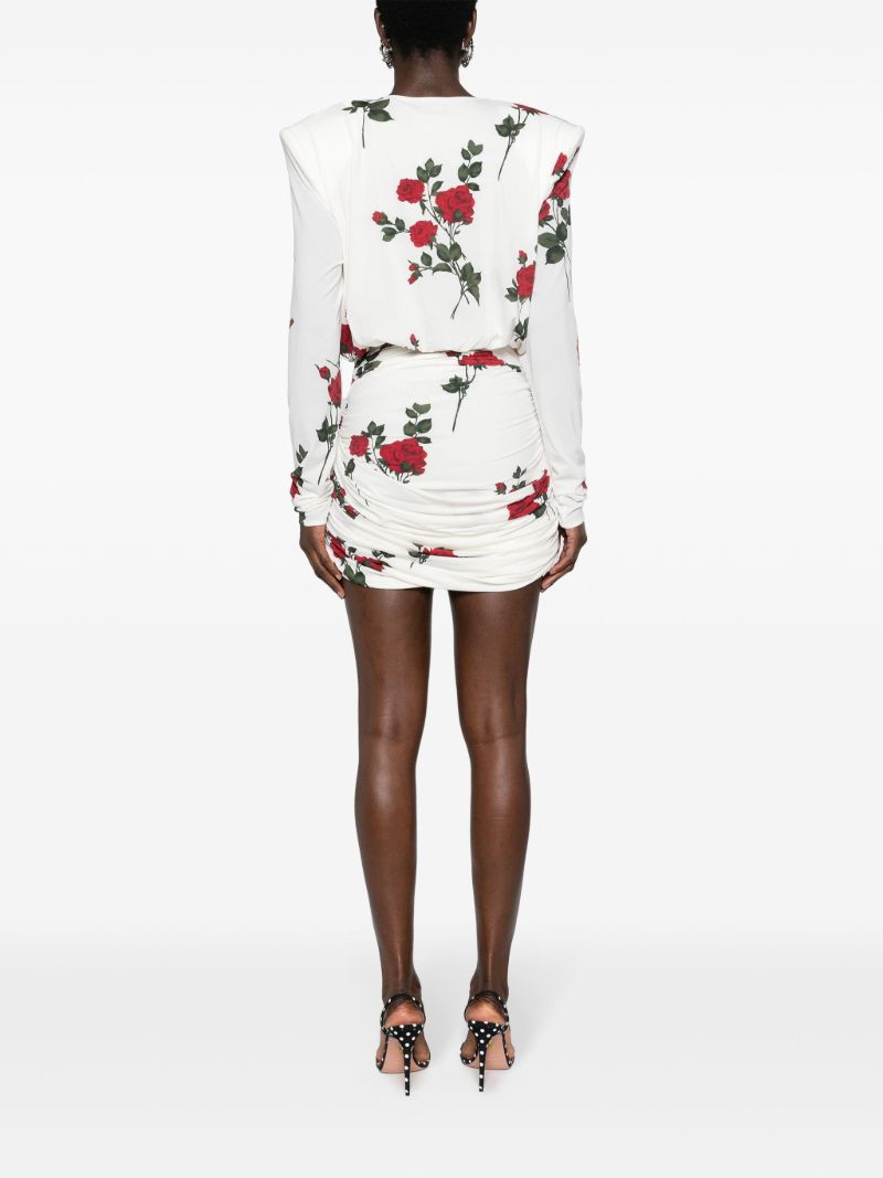 White Rose-print Ruched Mini Dress