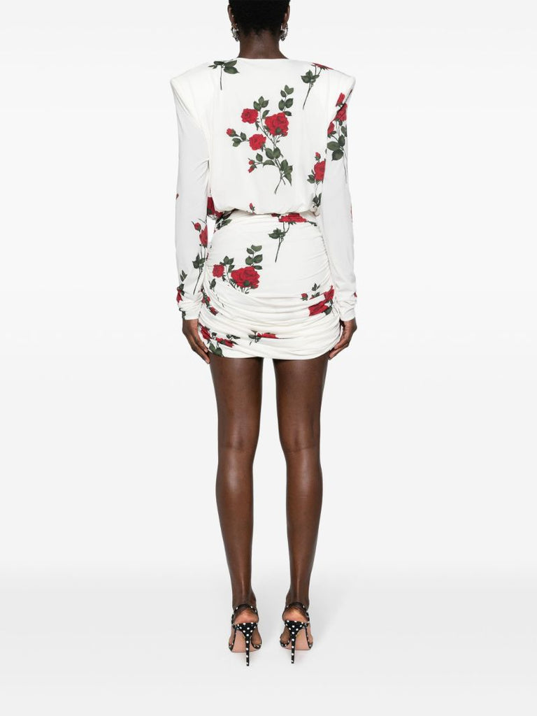 White Rose-print Ruched Mini Dress