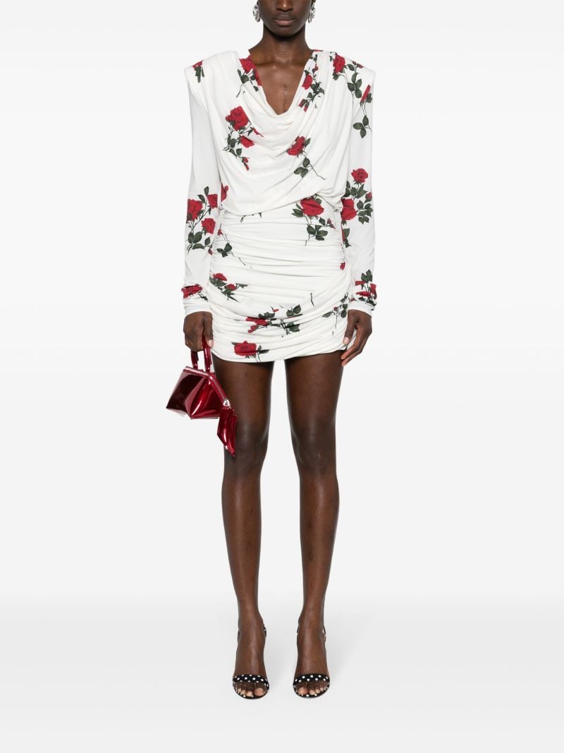 White Rose-print Ruched Mini Dress