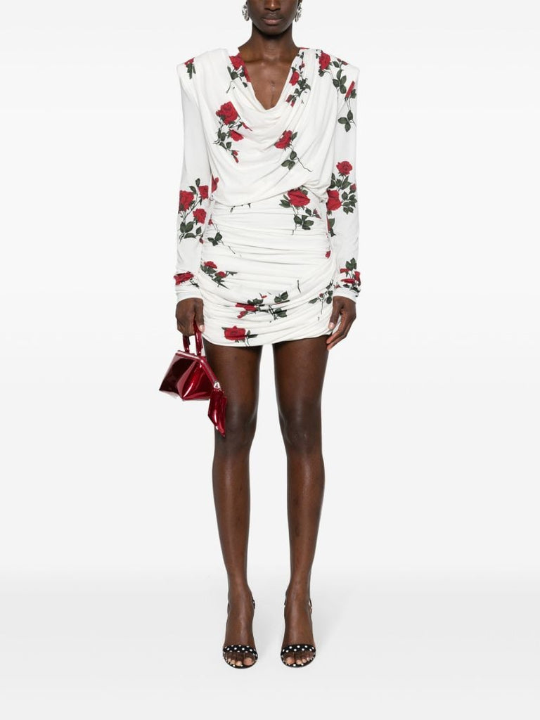White Rose-print Ruched Mini Dress