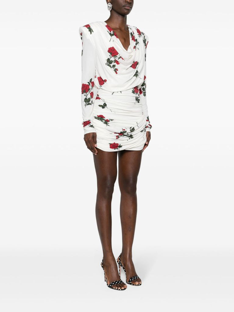White Rose-print Ruched Mini Dress