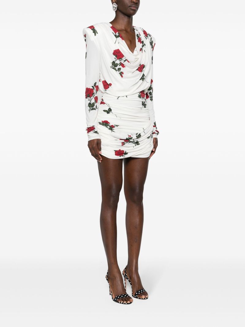 White Rose-print Ruched Mini Dress