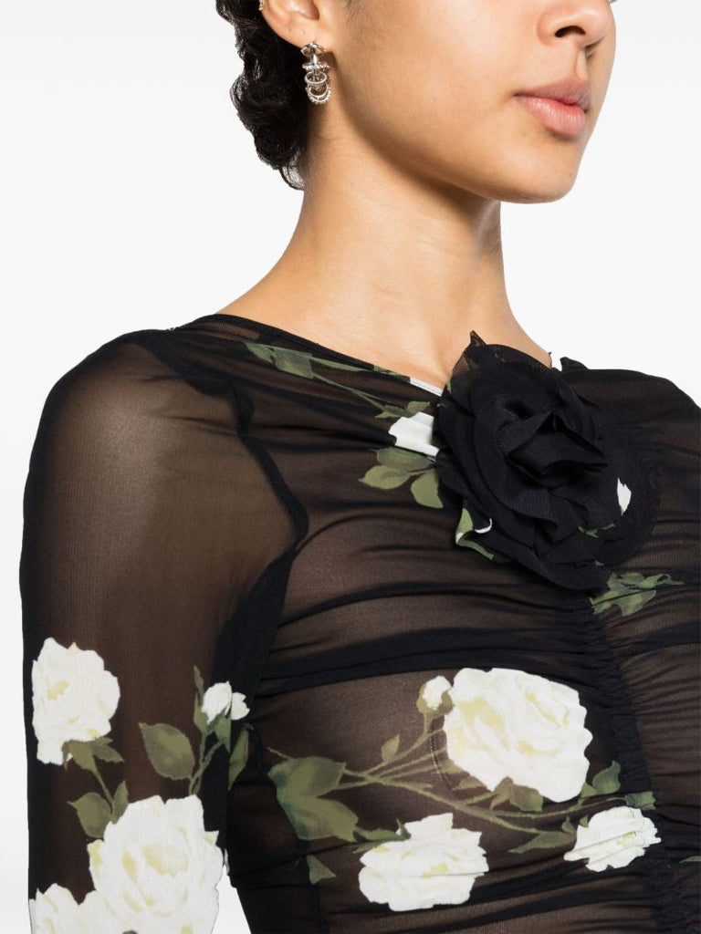 Black Floral-print Ruched Dress