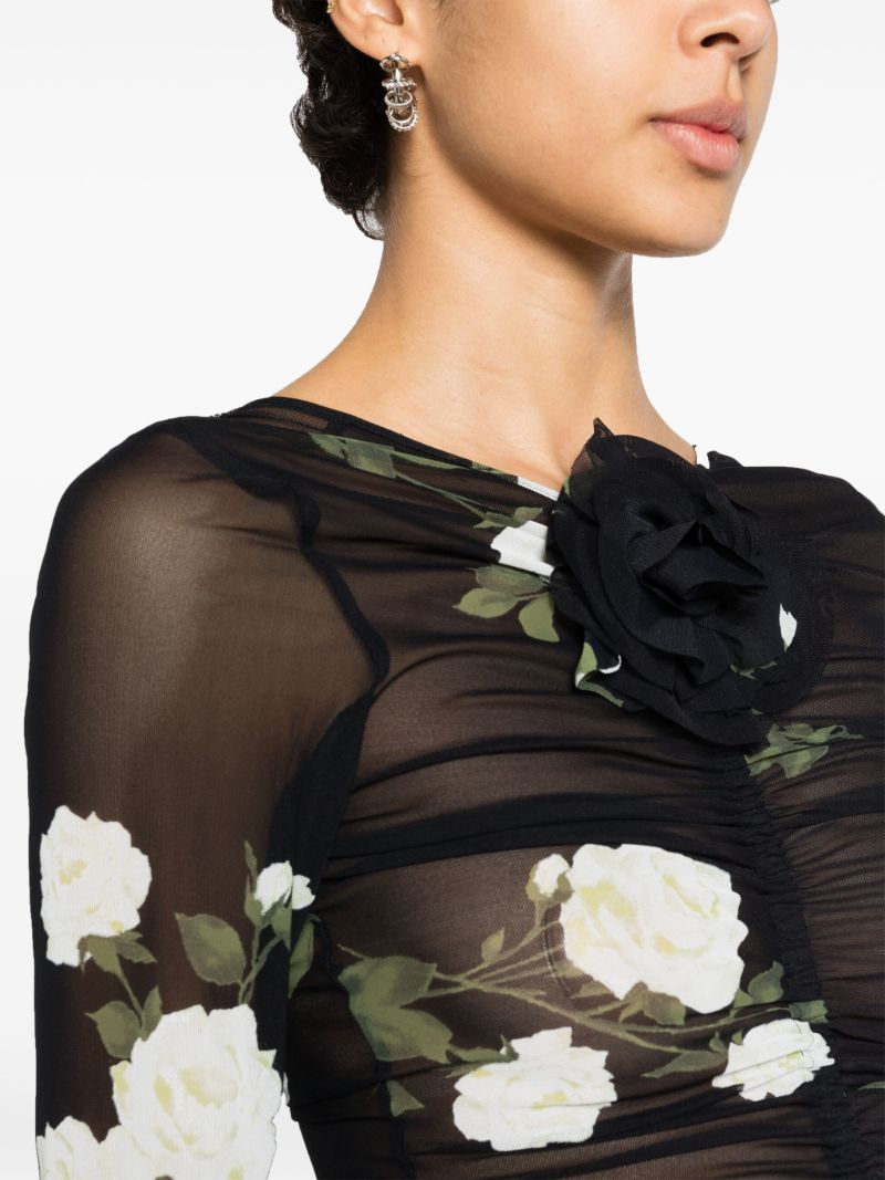 Black Floral-print Ruched Dress