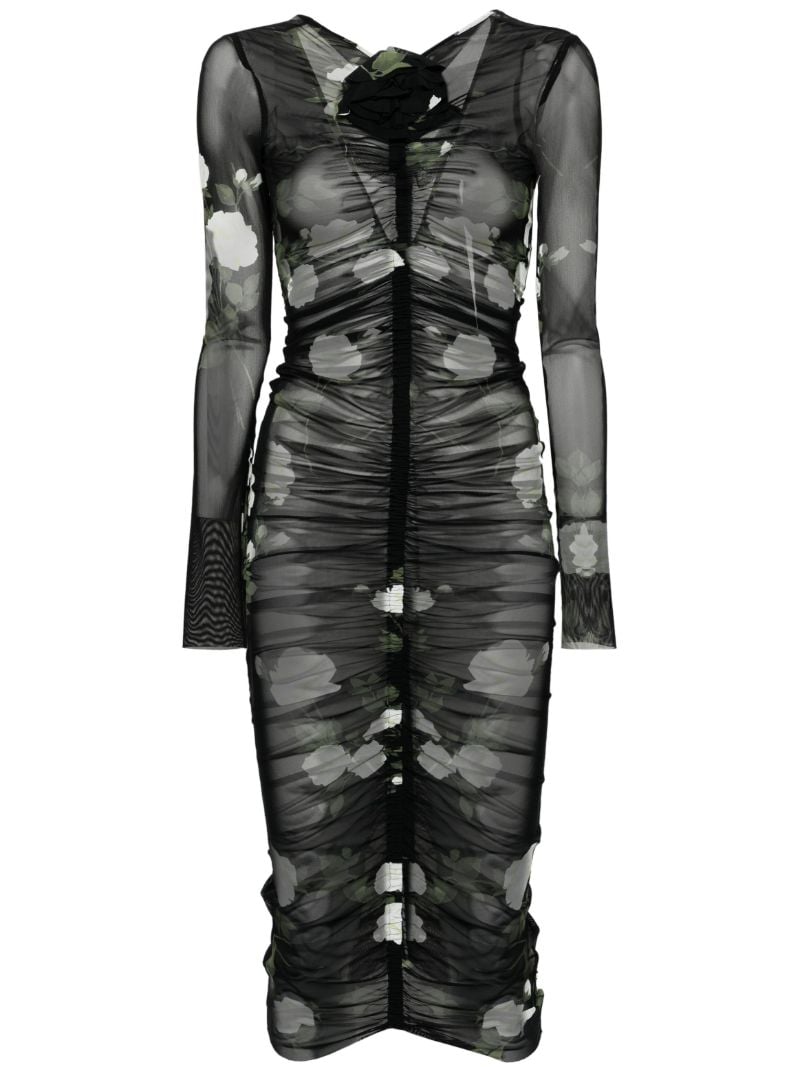 Black Floral-print Ruched Dress