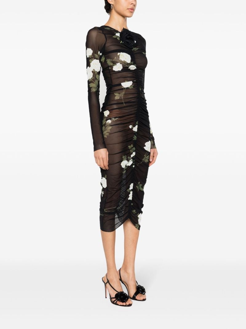 Black Floral-print Ruched Dress