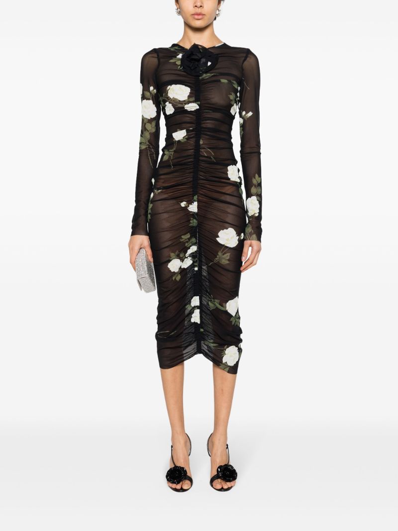 Black Floral-print Ruched Dress