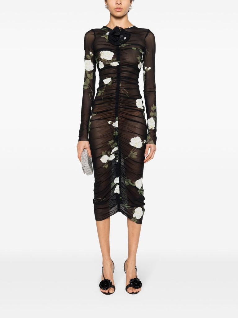 Black Floral-print Ruched Dress