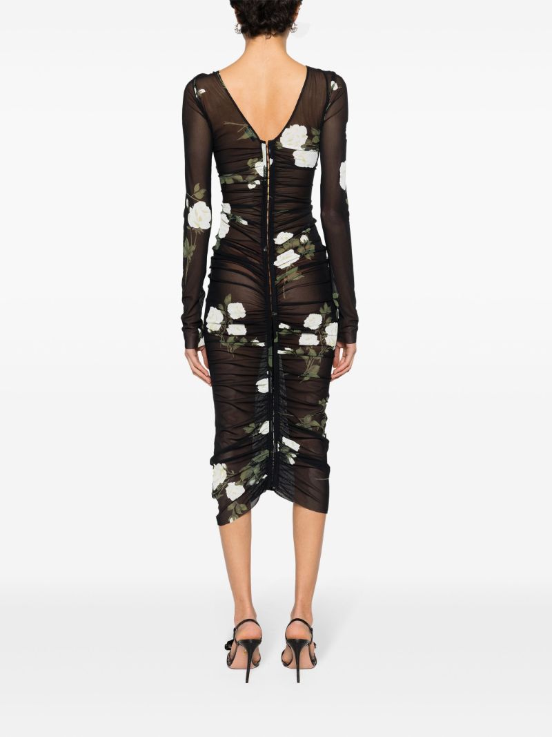 Black Floral-print Ruched Dress