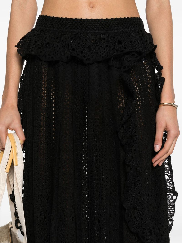 Black Ruffled Pointelle-knit Skirt