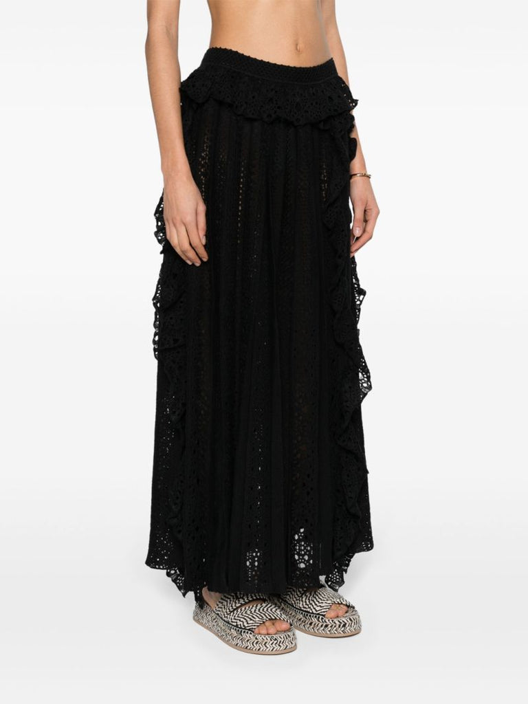 Black Ruffled Pointelle-knit Skirt