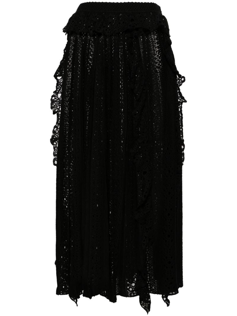 Black Ruffled Pointelle-knit Skirt