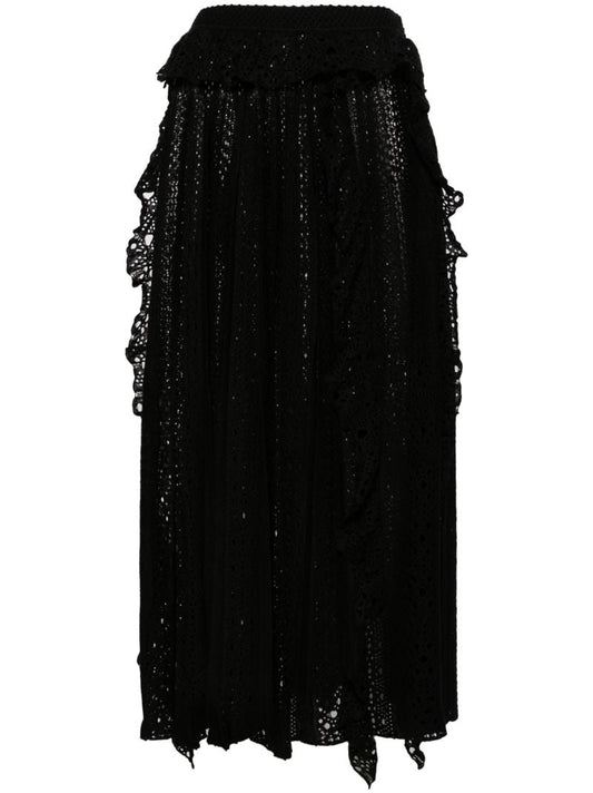Black Ruffled Pointelle-knit Skirt