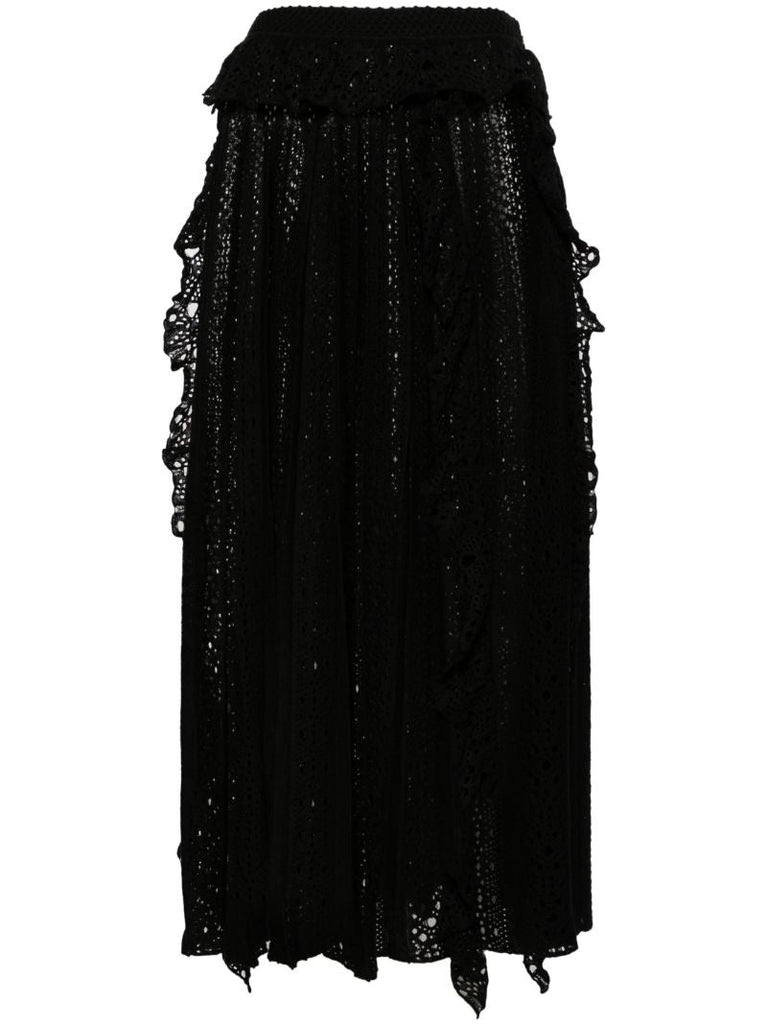 Black Ruffled Pointelle-knit Skirt