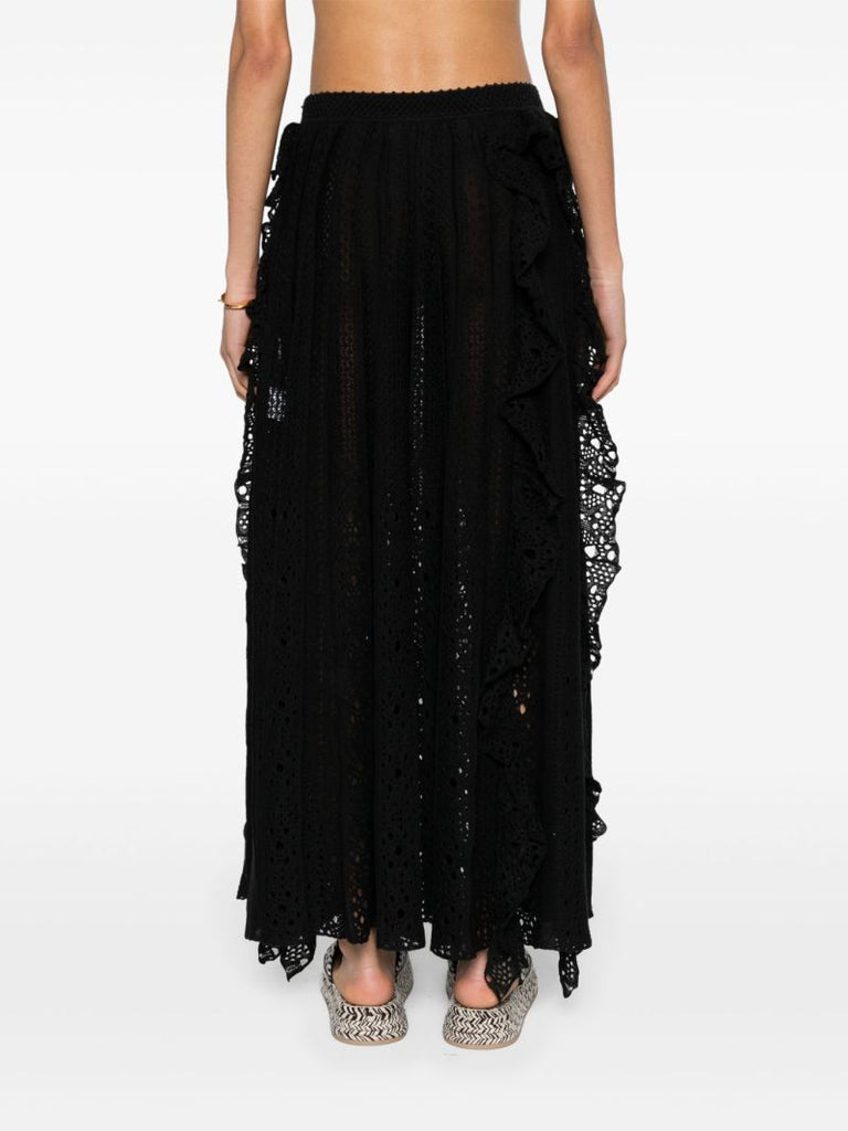Black Ruffled Pointelle-knit Skirt