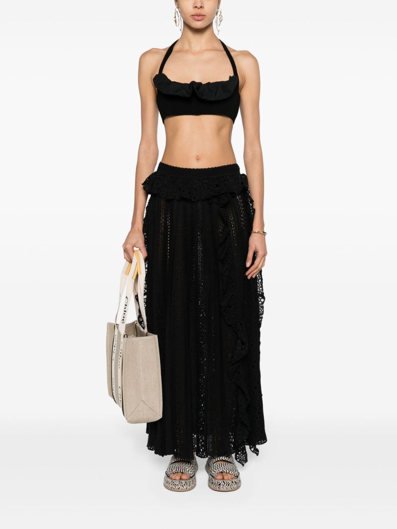 Black Ruffled Pointelle-knit Skirt