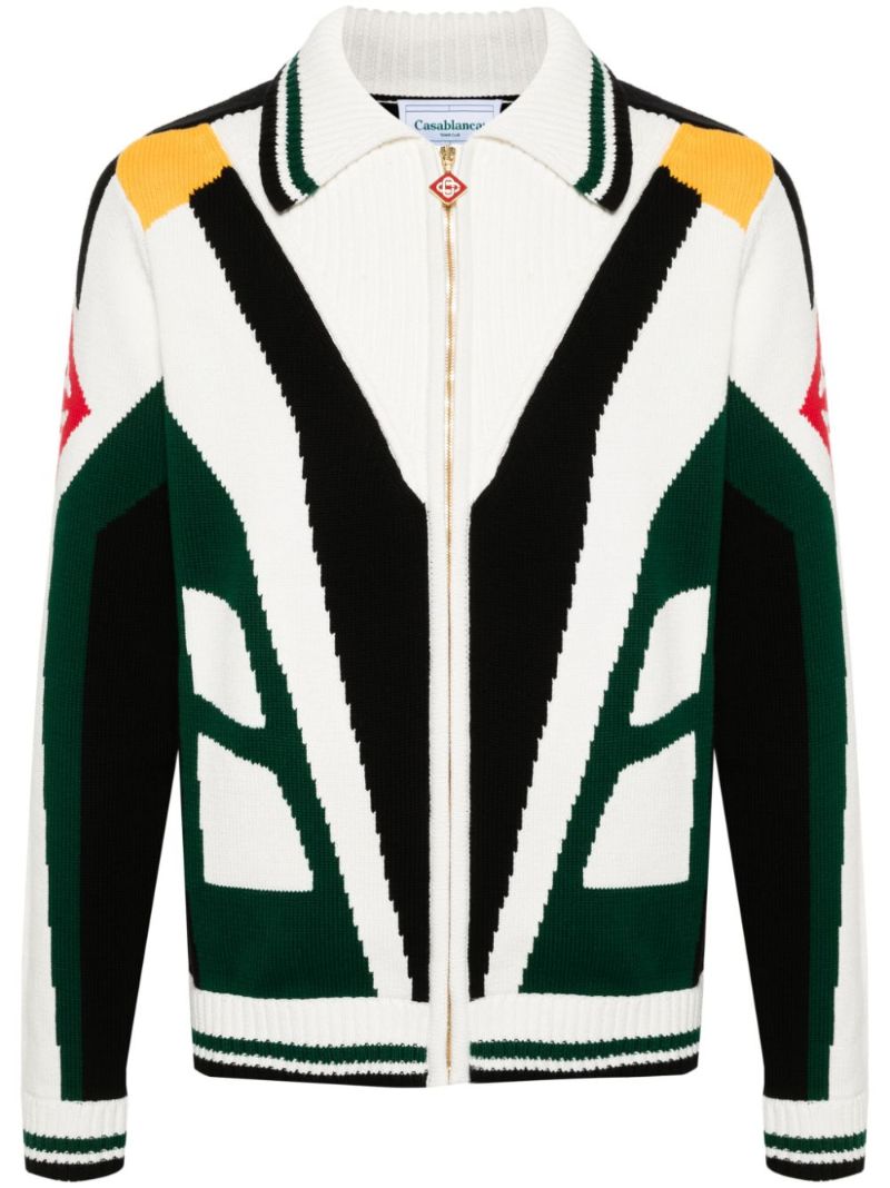 White Casa Racing Zip-up Cotton Cardigan