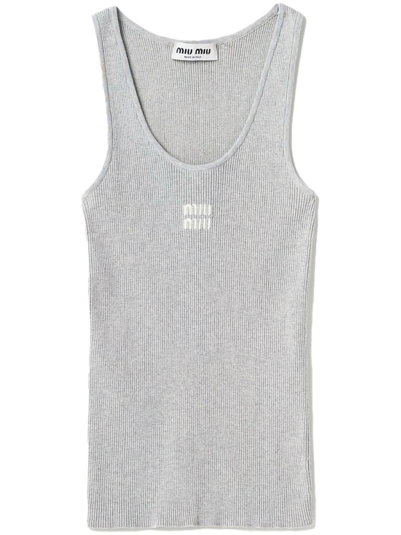 Grey Logo Embroidered Ribbed Tank Top