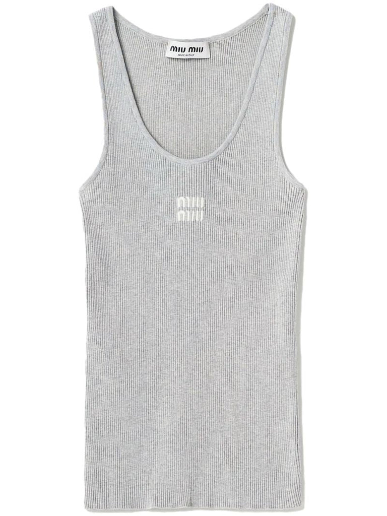 Grey Logo Embroidered Ribbed Tank Top