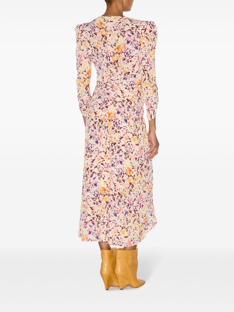 Neutral Abstract Print Gathered Dress