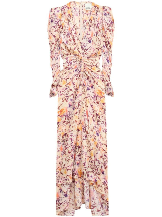 Neutral Abstract Print Gathered Dress
