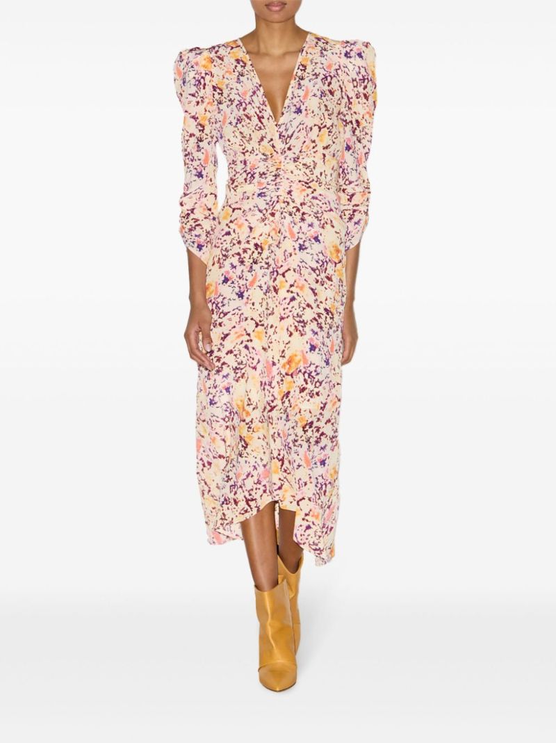 Neutral Abstract Print Gathered Dress