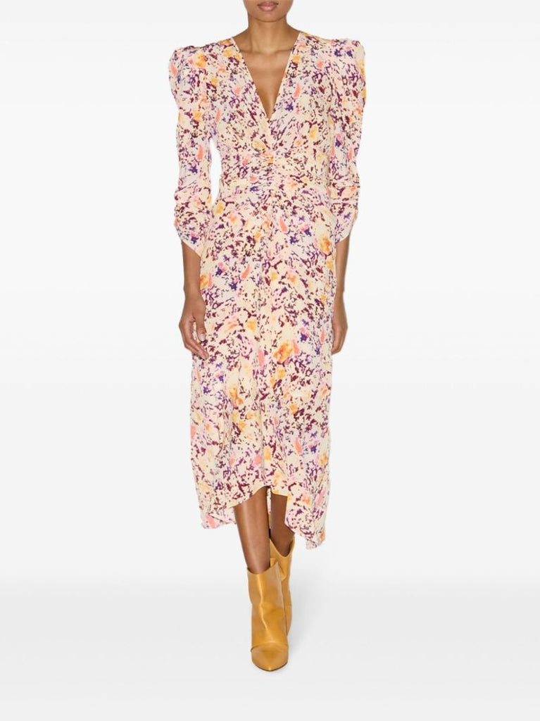 Neutral Abstract Print Gathered Dress