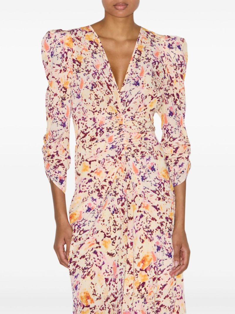 Neutral Abstract Print Gathered Dress