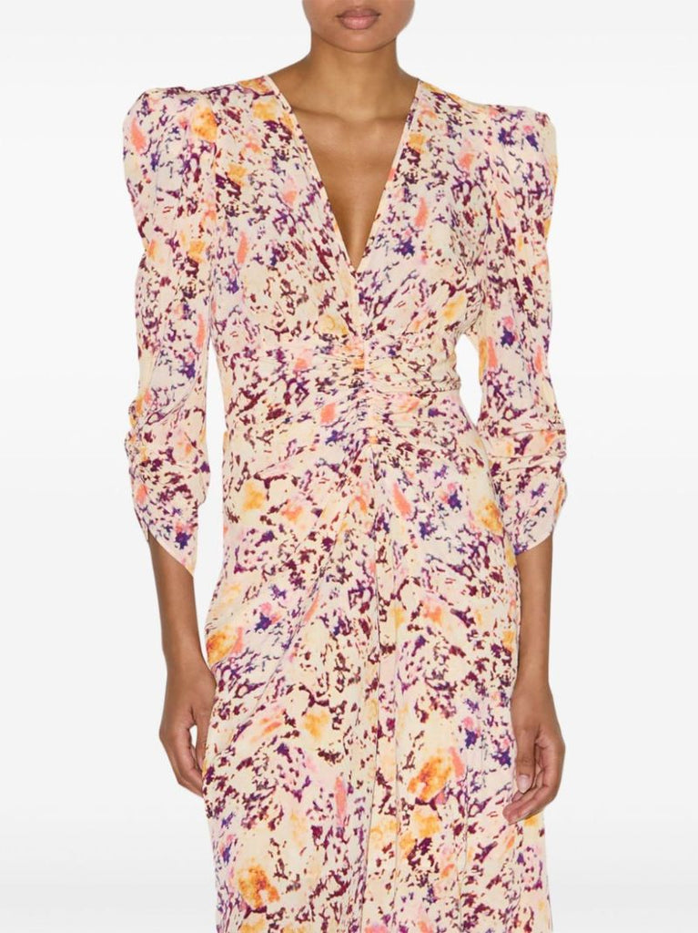 Neutral Abstract Print Gathered Dress