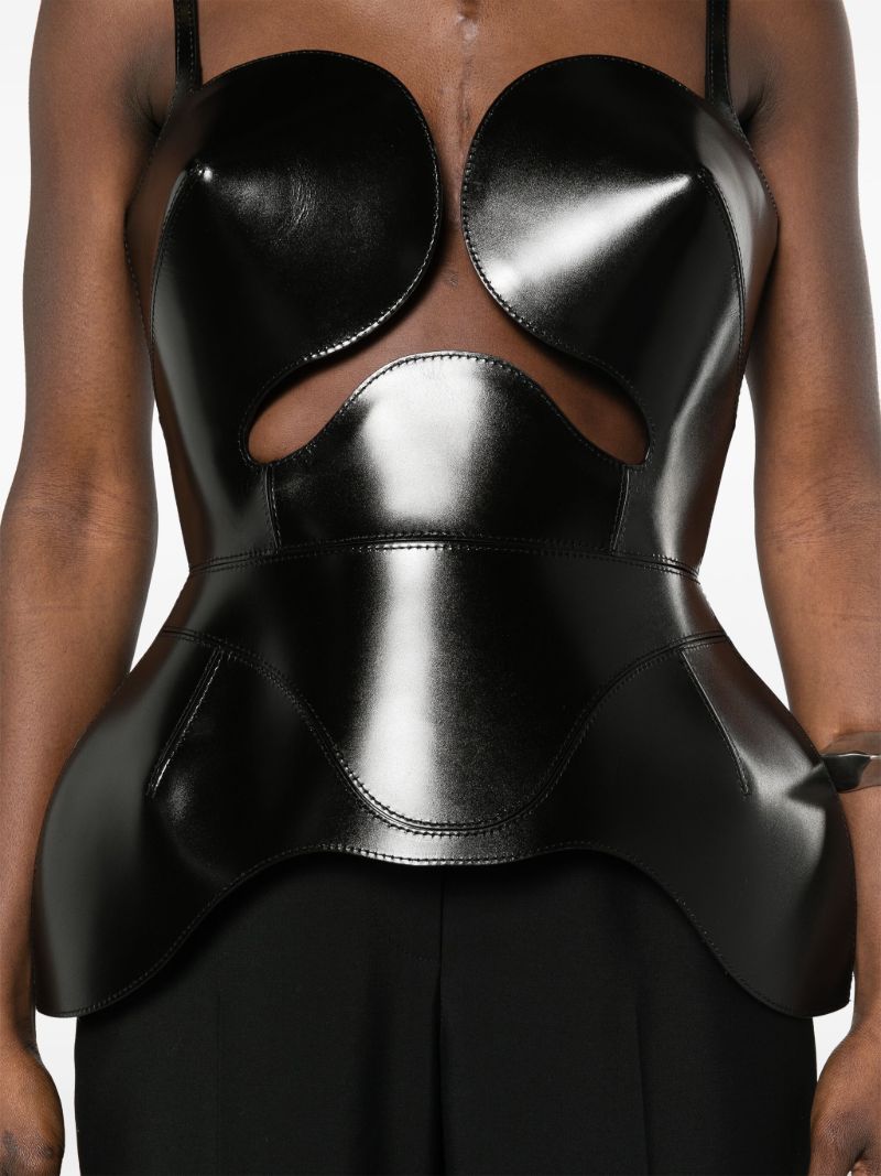 Black Conic-cup Peplum Leather Top