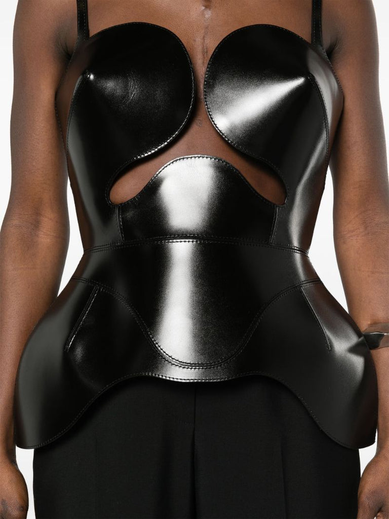 Black Conic-cup Peplum Leather Top