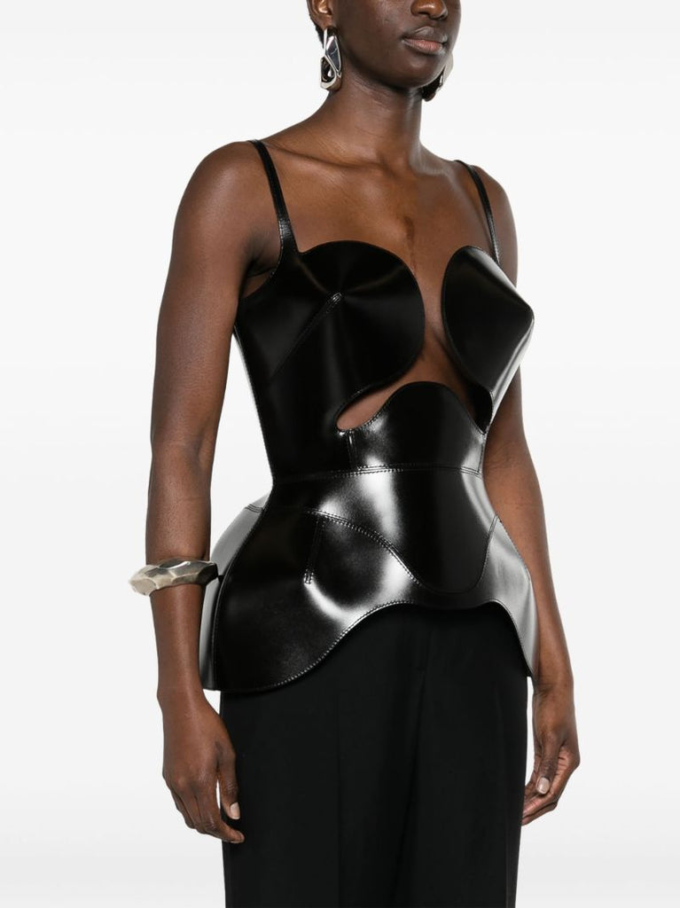 Black Conic-cup Peplum Leather Top