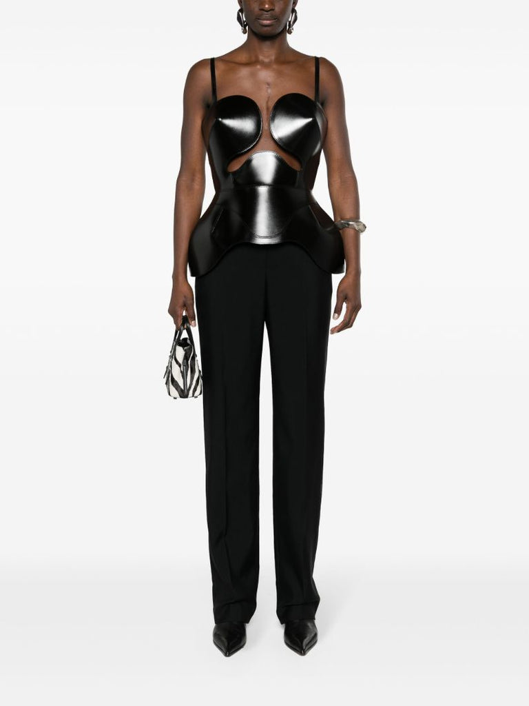 Black Conic-cup Peplum Leather Top