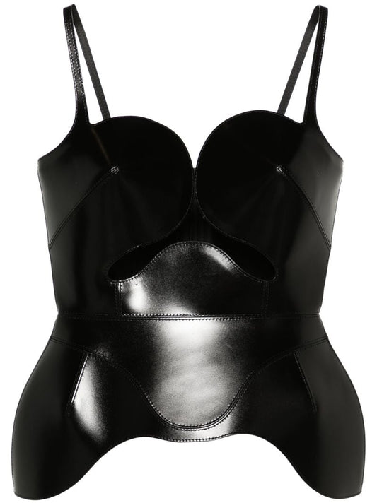 Black Conic-cup Peplum Leather Top