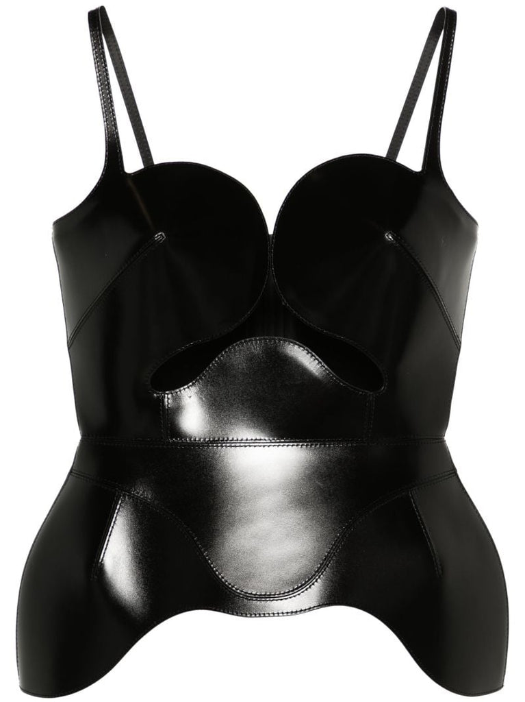 Black Conic-cup Peplum Leather Top