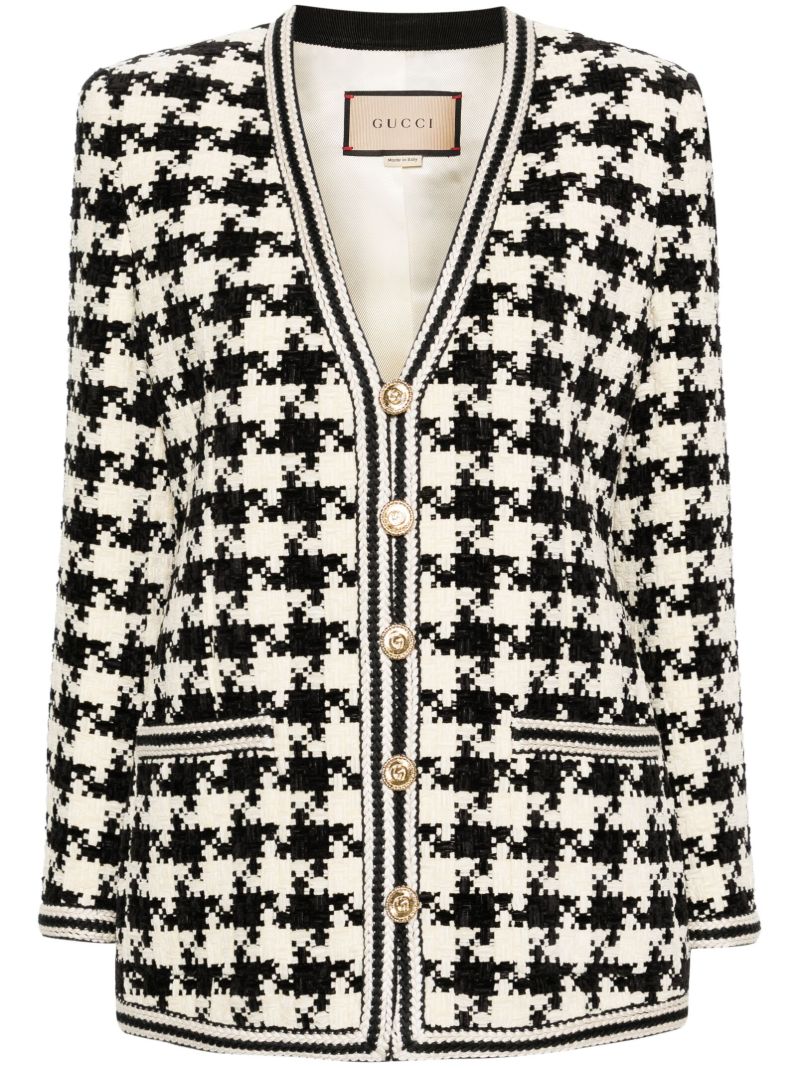 White Houndstooth V-neck Jacket