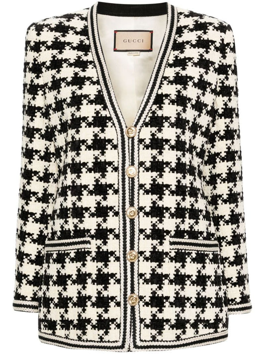 White Houndstooth V-neck Jacket