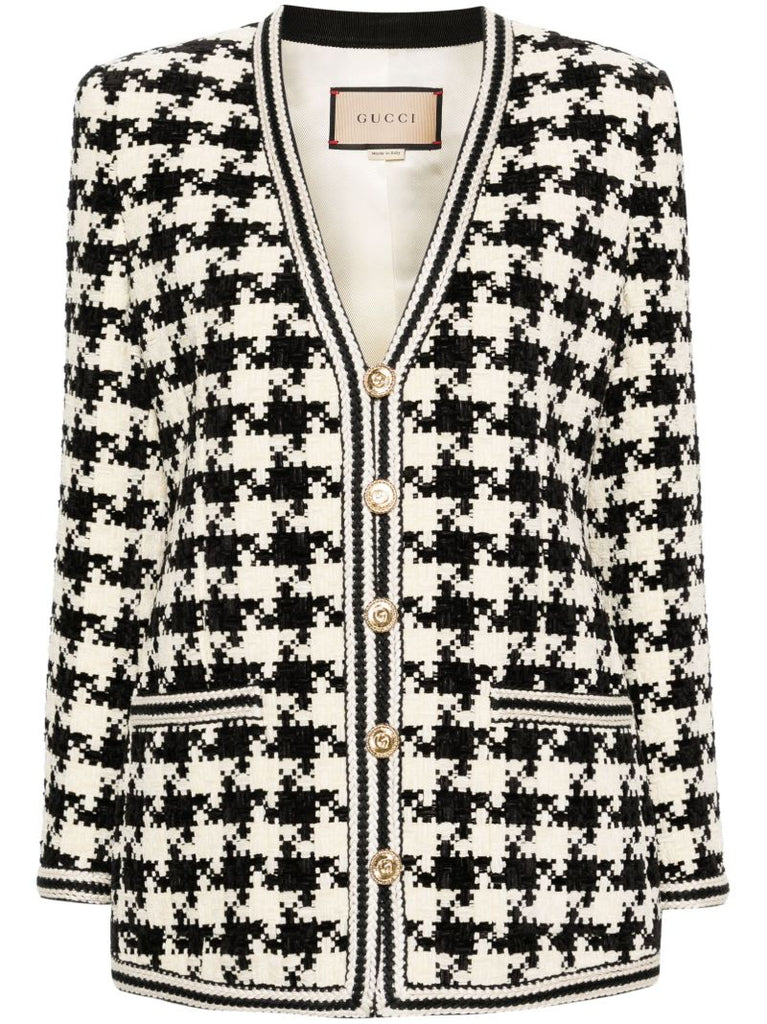 White Houndstooth V-neck Jacket