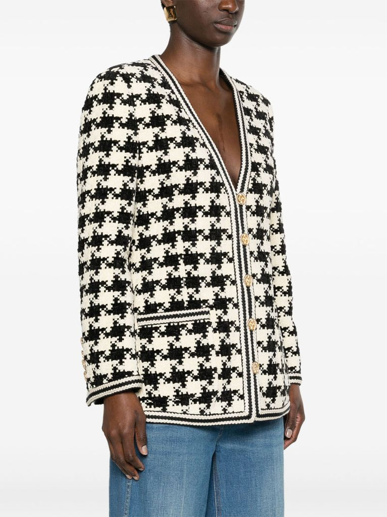 White Houndstooth V-neck Jacket