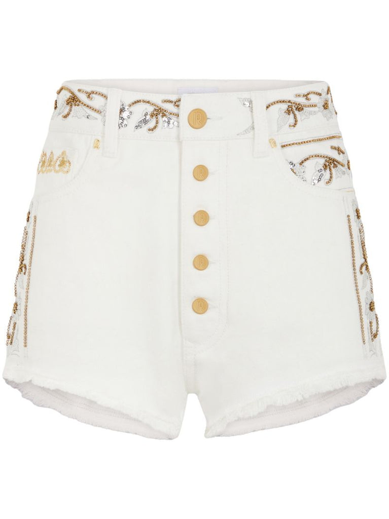 Off White Embroidered Denim Minishorts