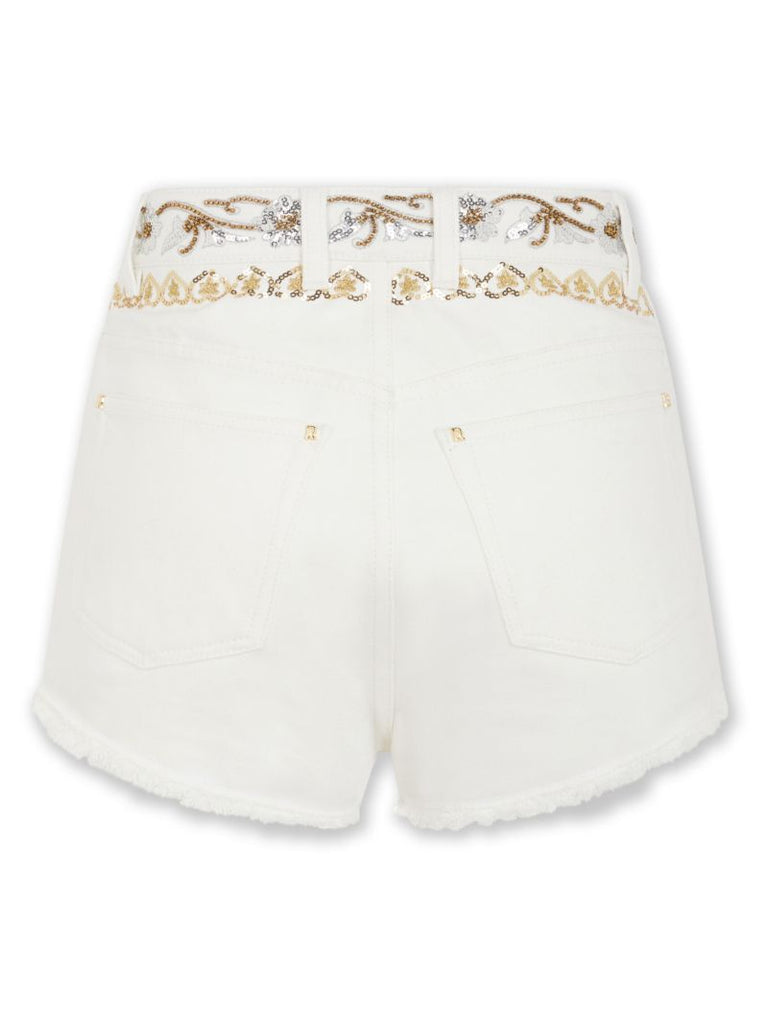 Off White Embroidered Denim Minishorts