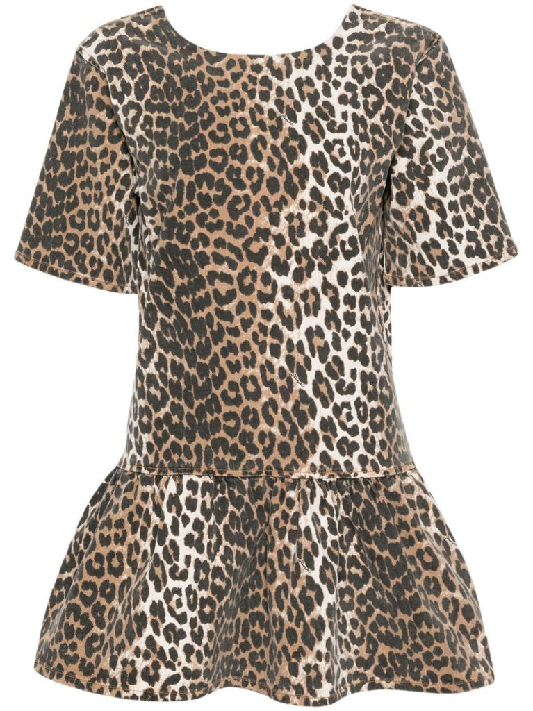 Brown Leopard-print Peplum-hem Mini Dress