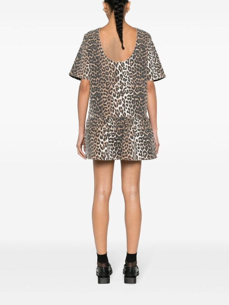 Brown Leopard-print Peplum-hem Mini Dress